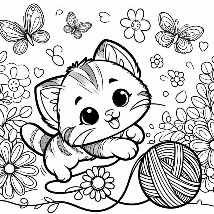 A playful kitten chasing a ball of yarn, surrounded by colorful flowers and butterflies - Coloring page