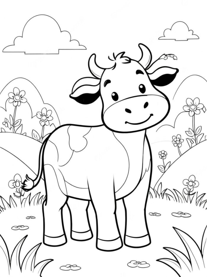 Cow in a spring field coloring page