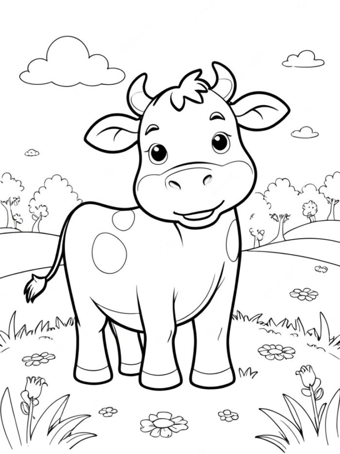 Cow in a summer field coloring page