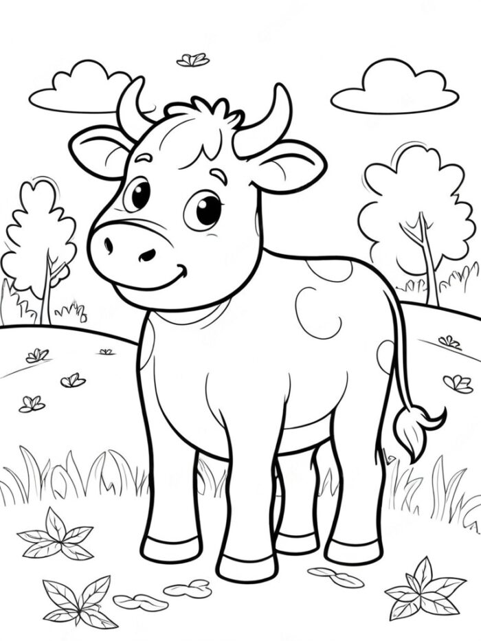 Cow in an autumn field coloring page
