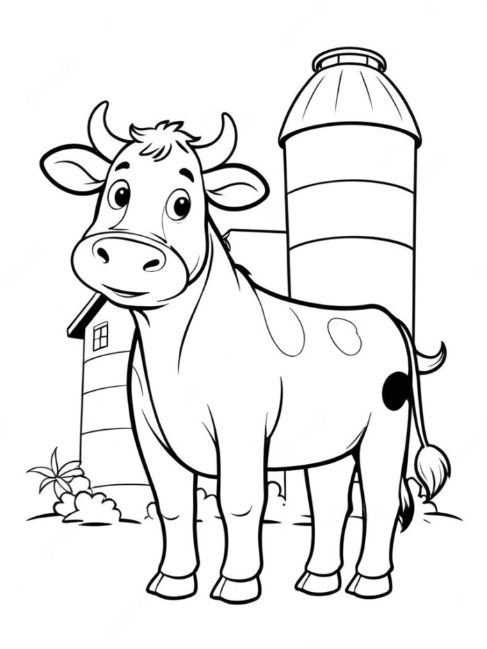 Cow with a Silo Coloring Page
