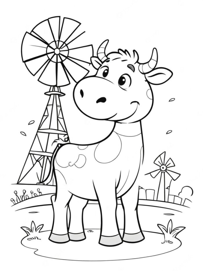Cow with a Windmill Coloring Page