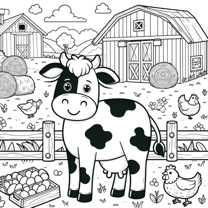 coloring book page featuring a happy cow in a farm setting. The cow should be standing near a barn, with other farm elements like hay bales,